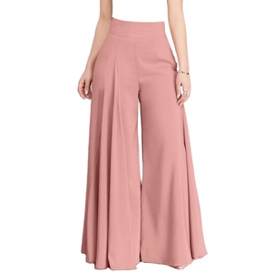 Pantalon large taille haute élastique en crêpe couleur unie coupe ample longueur totale décontracté pour femme 100% coton automne - Product Image 2