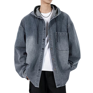 เสื้อฮู้ดดี้ผู้ชายสำหรับฤดูหนาว 350 GSM สีเทา แขนยาว ปิดด้วยกระดุม สไตล์สตรีทแวร์ เสื้อฮู้ดดี้เดนิมผู้ชาย - Product Image 1