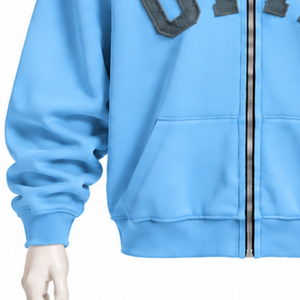 Custom <b>Light</b> Blue Mens Full Zip Hoodie Heavyweight Fleece Chenille <b>Letter</b> Applique Oversized Casual Streetwear Sweatshirt - Product Image 6