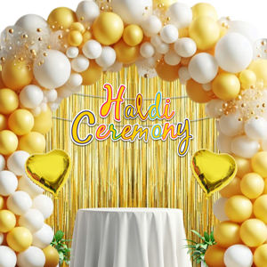 Kit Combo Jaune Pailleté pour Cérémonie Haldi |   45 ballons jaunes et blancs et rideaux en feuille d'aluminium |   Bannière scintillante Haldi - Product Image 1