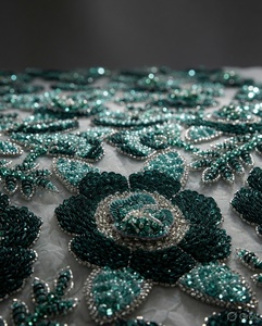 Emerald Sequin Floral Beaded Lace Woven <b>Fabric</b> Hand-Embellished Metallic Features AZIZA FASHION DREAM In-Stock <b>Medium</b> Weight for - Product Image 2