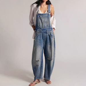 Women's Vintage Washed Denim Dungarees <b>Jumpsuit</b> Multi <b>Pockets</b> Casual Baggy Workwear Overall - Product Image 1