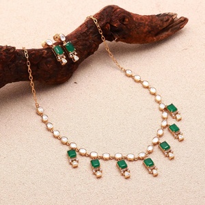 Emerald Green Polki Necklace Set 22K Gold Plated CZ Kundan Style Bridal Jewelry Set with <b>Earrings</b> for Women - Product Image 3