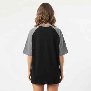 Women's Black Gray Raglan Sleeve <b>V</b>-<b>Neck</b> <b>T</b>-<b>Shirt</b> Loose Fit 100% Cotton Casual Jersey Print Logo Top Spring Summer - Product Image 2