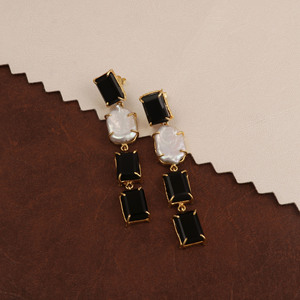 Black Onyx Pearl Trendy Brass <b>Drop</b> Earrings Natural Gemstone 18K Gold Plated Statement Jewelry Wholesale - Product Image 4