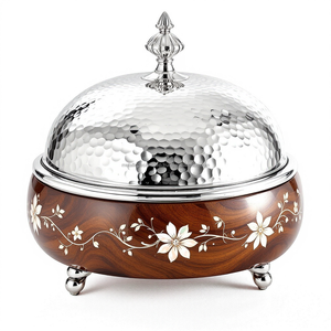 Elegant round <b>Serving</b> Round <b>Dishes</b> Handcrafted Wood & Metal Cheese Cloche <b>with</b> Stainless Steel <b>Lid</b> for Dining and Cooking - Product Image 3