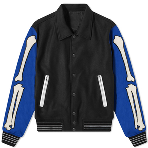 Veste universitaire personnalisée pour homme, style streetwear, broderie squelette, manches contrastantes bleues, patchwork, hip-hop, manteau de baseball Letterman - Product Image 1