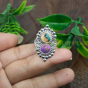 Anillo de Plata de Ley 925 Hecho a Mano con Doble Piedra de Turquesa Cobre Púrpura Natural y Turquesa Ostra Azul, Anillo de Declaración para Mujer - Product Image 5