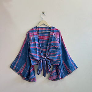 Chemisier en soie en gros pour femmes, 100% soie crêpe, tie-dye, style rétro, haut de plage, haut en soie à nouer devant - Product Image 1