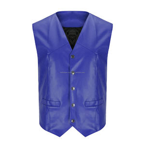 เสื้อกั๊กหนังระบายอากาศได้ดีสำหรับผู้ชายมีปกคอวีสไตล์สแนปบริการ OEM สีฟ้าสำหรับฤดูร้อน - Product Image 1