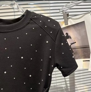 <b>Rhinestone</b> Dot Pattern Woven Denim Regular Fit Casual O-Neck Summer T-Shirts Women's Black Short Sleeve <b>Crop</b> <b>Top</b> T Shirts - Product Image 3