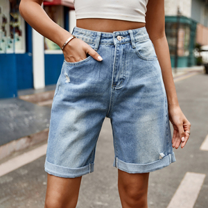 Shorts en jean pour femme, coupe large, taille haute, déchirés, style décontracté - Product Image 5