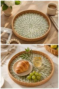 Plateau de service artisanal NEHA ENTERPRISES NE-165 multifonctionnel en rotin tressé style bohème avec mosaïque de coquillages irisés - Product Image 6