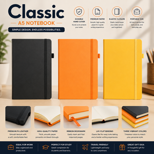 Libreta Promocional A5 con Cubierta de Cuero PU Premium, Logotipo Personalizado en Lámina Dorada, Cierre Elástico y Presilla para Bolígrafo, Ideal para Reuniones, Estudios y Regalos - Product Image 4