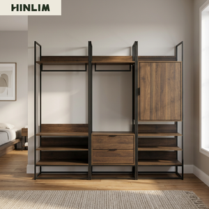 Armario Abierto Industrial Moderno con 2 Cajones, Acabado en Nogal, Estructura Metálica, Estantes de Tablero Laminado, Muebles para Dormitorio - Product Image 4