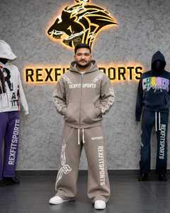REXFIT SPORTS Men's Hooded <b>Zip</b>-Up Tracksuit Set Full Length Loose Fit Streetwear <b>Sweatshirt</b> & Pants 100% Cotton Autumn Wear - Product Image 1