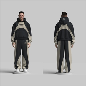 Survêtement en molleton de coton noir avec panneau beige uni pour homme - Product Image 5