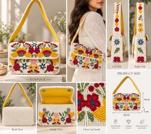 Beaded Floral Cover Closure Women's Bohemian Single Strap Embroidered <b>Handbag</b> - Product Image 4