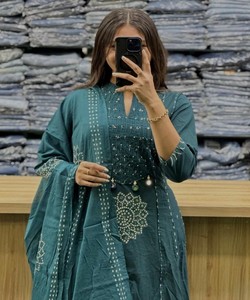 Salwar Kameez Tradicional de Algodón para Mujer con Dupatta, Color Verde Azulado, Bordado, Estilo Informal de India y Pakistán, Largo hasta el Tobillo, SHAGUN 85301 - Product Image 2