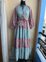 Robe longue décontractée pour femme en coton 100% écologique, imprimé floral, col halter, manches longues, à volants, poches, grande taille, avec pompons