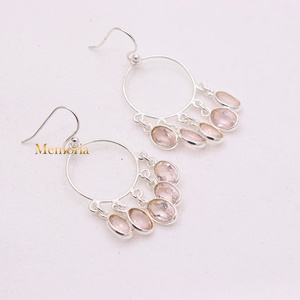 Pendientes de Plata de Ley 925 al por Mayor con Cuarzo Rosa Natural Ovalado y Flecos Circulares, Joyas Memoria - Product Image 4