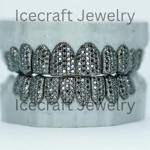 Grillz de luxe en moissanite noire, personnalisés, style hip-hop, pour toute la bouche, en argent sterling 925, faits à la main, bijoux dentaires haut de gamme - Product Image 1