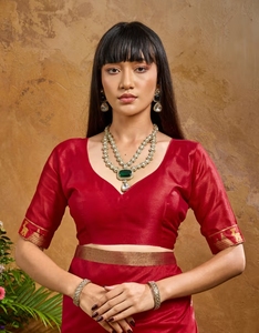 KV Women's Cotton Blend <b>Red</b> Woven Designer <b>Saree</b> With Unstitched Blouse - Product Image 3