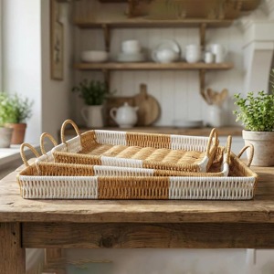 Rectangle Rattan Handwoven Tray Trio <b>Set</b> Perfect For Bathroom Vanity Organization Soap Perfume And Towels From India - Product Image 3