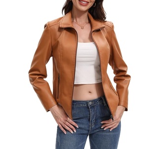 Women's Brown PU Leather Moto Jacket Full Sleeve Stand Collar <b>Zipper</b> Closure Short Length Autumn Style - Product Image 1