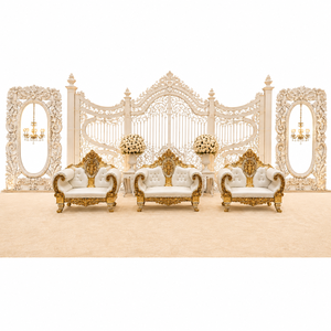 Imperial Palace Asian Wedding Stage Decor Luxury White Gold Royal Wedding Stage <b>Backdrop</b> with Carved Sofa Set & Decorative <b>Frame</b> - Product Image 1