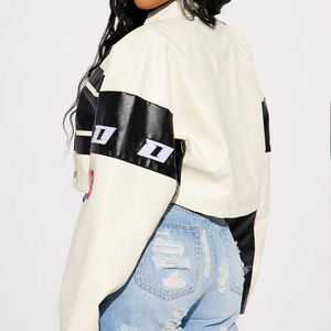 Blouson de moto court en cuir véritable pour femme, design tissé personnalisé avec broderie de patchs, style streetwear racing - Product Image 3