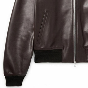 Men's OEM Service Burgundy <b>Leather</b> Bomber <b>Jacket</b> Turn-down Collar Zipper Closure Regular Length Solid Color Available For Sale - Product Image 4