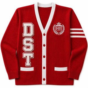 Cardigan tricoté rouge Delta Sigma pour femme, pull boutonné avec lettres grecques de sororité, tricot universitaire brodé sur mesure - Product Image 1