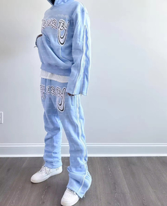 Heavyweight Distressed Casual Wear Men's <b>Flared</b> Tracksuits Boxy Black <b>Red</b> Cropped Acid Washed <b>Flared</b> Sweatpants Hoodie Set - Product Image 3