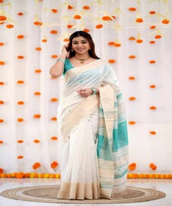 Sari de seda verde claro listo para enviar, vestido tradicional indio estilo Banarasi, sari drapeado con borde estampado para ceremonias. - Product Image 2