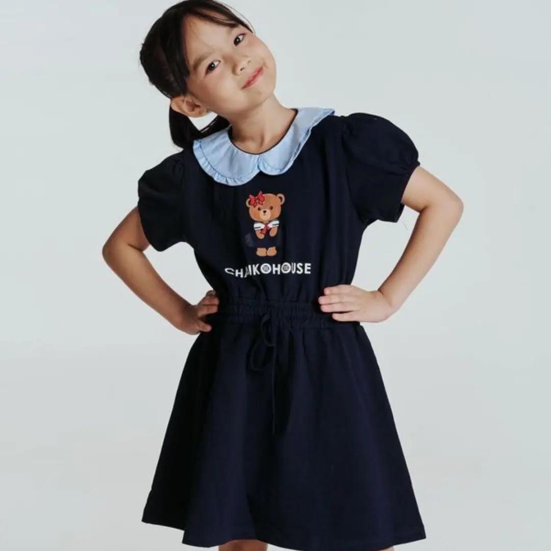 Ready To Ship Children Baby Girl Dresses To Teen Age 100% Cotton Cartoon Printing Bear Lovely Style Casual Style Blue Navy-Juno