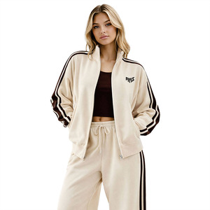 Y2K Women Customizable Two Piece Track Suit Zip Up <b>Jacket</b> and Wide Leg Pants Soft Fleece Wear with Side Stripe Hoodies USA - Product Image 4