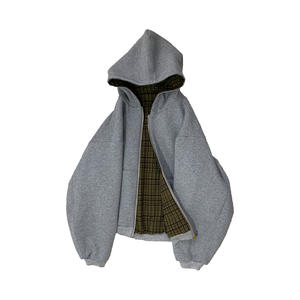 Hoodie d'hiver pour homme, coupe oversize, réversible, zippé, finition délavée, doublure à carreaux, motif color block, appliqué perlé, en polaire - Product Image 3