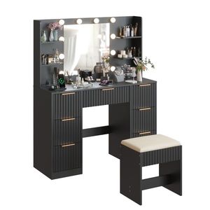 Set Toeletta in Truciolato Nero con Finitura Melaminica, 7 Cassetti, 4 Ripiani, 10 Lampadine Tricolore, Alimentatore Incluso - Product Image 2