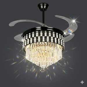 Luxury Black <b>Crystal</b> Chandelier <b>LED</b> <b>Light</b> Fixture with Remote Control for Modern Home Interiors Invisible Blade <b>Ceiling</b> Fan - Product Image 1