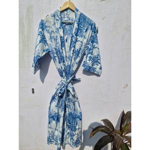 Women Blue Tropical Print Cotton <b>Kimono</b> Robe Boho Lightweight Bathrobe Summer <b>Kimono</b> <b>Beach</b> Cover Up Loungewear Robe - Product Image 1