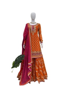 Indian Bollywood Ethnic Stitched <b>Kurta</b> Chinon <b>Silk</b> Heavy Embroidery Sharara Salwar Suit/Palazzo Suit Women Party Winter Summer - Product Image 2
