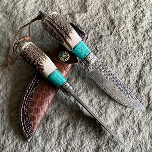 Couteau de camping à lame fixe droite en acier Damas haute dureté avec manche en plastique, couteau à viande OEM en stock avec étui en cuir - Product Image 5