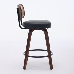 Juego de 3 Taburetes de Barra de 26 Pulgadas de Altura, con Respaldo de Ratán y Asiento Tapizado en Nogal, Hechos a Mano - Product Image 4