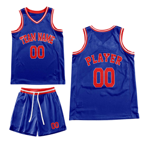 Ensemble uniforme de basket-ball bleu personnalisé, maillot et short rétro avec texte rouge, nom et numéro de l'équipe, design classique - Product Image 2