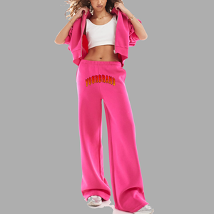 ชุดเซ็ตเสื้อครอปและกางเกงจ็อกเกอร์ผ้าฝ้ายเฟรนช์เทอร์รี่พิมพ์ลาย น้ำหนัก 360 กรัม สำหรับผู้หญิง เหมาะสำหรับฤดูหนาว ชุดลำลอง สั่งผลิตได้ตามแบบ OEM - Product Image 1