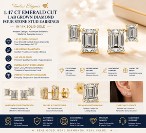 Boucles d'oreilles en diamant de laboratoire taille émeraude de 1,47 carat en or massif 14 carats |   Boucles d'oreilles horizontales à quatre pierres en diamant pour femmes - Product Image 1