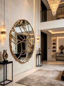 Luxury <b>Irregular</b> Gold Metal Frame Decorative Wall <b>Mirror</b>, Art Hollow Round Wall Mounted <b>Mirror</b> for Villa Entrance Home Decor - Product Image 2