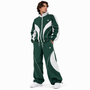 Ensemble de survêtement coupe-vent colorblock noir et vert néon personnalisé, haute visibilité, avec veste zippée à panneaux incurvés et pantalon ample, vêtements de sport - Product Image 4