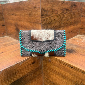 Cartera de cuero con cordones turquesa para mujer, Cartera de cuero genuino de piel de vaca a mano, Cartera de cuero occidental para tarjetas de crédito - Product Image 2